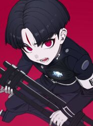  1boy armband black_boots black_hair black_jacket black_pants boots eyeliner facial_mark forehead_mark gakuran gatling_gun gun highres holding holding_gun holding_weapon hole_in_chest hole_on_body jacket last_defense_academy_school_uniform long_sleeves makeup male_focus maruko_gaku minigun nocchan_chicchi open_mouth pants parted_bangs platform_boots red_background red_eyeliner red_eyes ringed_eyes school_uniform short_hair simple_background solo sweat the_hundred_line_-last_defense_academy- weapon white_armband 