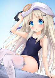  1girl bat_hair_ornament beret blonde_hair blue_background blue_eyes blue_one-piece_swimsuit blush commentary_request competition_school_swimsuit dutch_angle feet_out_of_frame gradient_background hair_ornament hat highres kud_wafter kudpoid_(71139) large_buttons little_busters! loli long_hair nose_blush noumi_kudryavka one-piece_swimsuit school_swimsuit solo swimsuit thighhighs white_hat white_thighhighs 