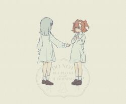  2girls aged_down brown_shoes collared_dress dress facing_another facing_away full_body green_eyes grey_hair hairband hands_up highres long_sleeves looking_at_another medium_dress medium_hair multiple_girls own_hands_together reverse:1999 shoes short_hair socks sonetto_(reverse:1999) standing tn_kn1000 two_side_up vertin_(reverse:1999) watermark white_dress white_hairband white_socks yellow_background 