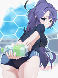  1girl absurdres ass black_shirt blue_archive blue_buruma bottle buruma closed_mouth from_behind highres holding holding_bottle long_hair matutake_777 official_alternate_costume official_alternate_hairstyle ponytail purple_eyes purple_hair shirt short_sleeves smile solo t-shirt water_bottle yuuka_(blue_archive) yuuka_(track)_(blue_archive) 