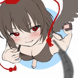  1girl absurdres bare_arms barefoot bikini bird_wings black_bikini black_hair black_wings blue_background blush breasts camera cleavage collarbone commentary_request feathered_wings hat highres holding holding_camera looking_at_viewer medium_breasts medium_hair parted_lips red_eyes red_hat shameimaru_aya shiroi_karasu simple_background sketch solo swimsuit tassel toes tokin_hat touhou walking white_background wings 