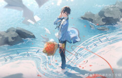  1boy ayn_alwyn barefoot beach black_hair black_necktie black_pants blue_cardigan bouquet cardigan character_name chinese_commentary closed_mouth collared_shirt dated day falling_petals flower flying_paper from_side full_body hair_between_eyes happy_birthday highres holding holding_bouquet light_particles long_sleeves looking_at_viewer looking_to_the_side lovebrush_chronicles male_focus musical_note musical_staff necktie ocean open_cardigan open_clothes outdoors pants paper petals red_eyes red_flower red_ribbon red_rose ribbon rock rose rose_petals shirt short_hair soaking_feet solo standing tie_clip tucking_hair untucked_shirt water_drop watermark weibo_watermark white_shirt xuedingheimi_shengyenai 