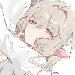  1girl absurdres blonde_hair blush breasts brown_eyes chii chobits cleavage dolechan hair_tubes highres looking_at_viewer open_clothes open_shirt parted_lips persocom robot_ears shirt sketch solo white_background white_shirt 