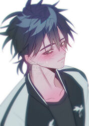  1boy black_hair black_jacket black_shirt blurry blurry_foreground blush cheng_xiaoshi closed_mouth collarbone ez_rezero grey_eyes hair_between_eyes highres jacket looking_down male_focus messy_hair multicolored_jacket open_clothes open_jacket ponytail shiguang_dailiren shirt short_hair short_ponytail simple_background solo spiked_hair sweatdrop twitter_username upper_body watermark white_background 