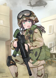  1girl absurdres aircraft alice_gear ammunition_pouch artist_name assault_rifle averting_eyes battle_of_mogadishu blue_eyes boots brown_boots brown_jacket brown_pants browning_m2 building bulletproof_vest camouflage camouflage_headwear camouflage_jacket camouflage_pants canteen combat_boots combat_helmet desert desert_camouflage explosive feet_out_of_frame goggles goggles_on_headwear green_eyes grenade gun gun_sling heavy_machine_gun helicopter helmet highres holding holding_gun holding_weapon humvee jacket jungle_style knee_pads load_bearing_equipment long_hair long_sleeves m16 m16a2 machine_gun manually-operated_mounted_gun military military_combat_uniform military_uniform motor_vehicle on_one_knee open_mouth original outdoors pants pasgt_helmet pouch purple_hair rifle savankov single_knee_pad soldier solo tape tareme uh-60_blackhawk united_states_army walkie-talkie weapon window woodland_camouflage 