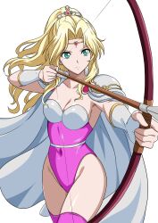  1girl absurdres aiming armor arrow_(projectile) blonde_hair blue_eyes bow_(weapon) breasts cape circlet commentary_request commission covered_navel final_fantasy final_fantasy_iv gauntlets highleg highleg_leotard highres leotard long_hair pink_leotard pink_thighhighs pixiv_commission ponytail rosa_farrell shoulder_armor simple_background solo square_enix strapless strapless_leotard thighhighs weapon white_background white_cape yuuyuu_(3jjbn)  rating:Sensitive score:13 user:danbooru
