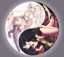  10s 2girls animal_ears breasts high_school_dxd kuroka kuroka_(high_school_dxd) large_breasts long_hair looking_at_viewer lying multiple_girls aged_up panties smile thighhighs toujou_koneko underwear white_hair yellow_eyes  rating:Questionable score:41 user:arutos