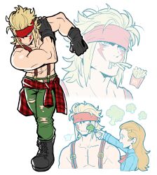  1boy 1girl absurdres alex_(street_fighter) ascot bare_arms bare_pectorals belt biceps black_gloves blonde_hair blue_eyes boots broccoli character_request clothes_around_waist combat_boots facial_mark fingerless_gloves food fork french_fries gloves green_pants headband highres holding holding_fork male_focus mcdonald&#039;s multiple_views muscular muscular_male orange_hair pants patricia_(street_fighter) pectorals red_headband sach56000 shirt shirt_around_waist simple_background street_fighter street_fighter_iii_(series) street_fighter_v suspenders torn_clothes torn_pants white_background 