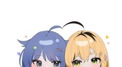  2girls ahoge black_hair black_streaks blonde_hair blue_eyes blue_hair blush commentary dooby_(vtuber) double-parted_bangs english_commentary eye_contact green_eyes hair_flaps hair_ornament hana20000920 heart heart_ahoge_duo highres hikimayu indie_virtual_youtuber looking_at_another looking_to_the_side multicolored_hair multiple_girls roots_(hair) senzawa short_eyebrows simple_background star_(symbol) star_hair_ornament straight-on streaked_hair thick_eyebrows two-tone_hair virtual_youtuber white_background x_hair_ornament yuri 