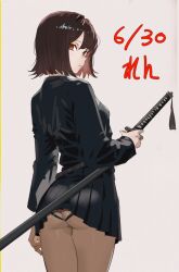  1girl akitsu_maru_(kancolle) alternate_costume artist_name ass backless_panties black_shirt black_skirt brown_hair cowboy_shot dated from_behind highres holding holding_sword holding_weapon kantai_collection long_sleeves looking_at_viewer looking_back one-hour_drawing_challenge panties pleated_skirt red_eyes ren_(pawer1945) shirt short_hair simple_background skirt solo sword underwear weapon white_background 