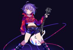  1girl absurdres ahoge alternate_costume belt black_background black_boots black_shorts boots brown_eyes cable crop_top electric_guitar evanhehehe guitar highres instrument jewelry long_sleeves messy_hair nagato_yuki necklace red_shirt shirt shorts simple_background solo suzumiya_haruhi_no_yuuutsu 