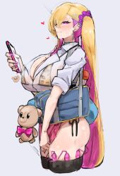  1girl absurdres animal_print bag black_thighhighs blonde_hair blue_background blush boryeon_(last_origin) bra breasts cellphone charm_(object) cowboy_shot discreet_vibrator drooling earrings from_side handbag heart heart-shaped_pupils highres huge_breasts jewelry last_origin leopard_print long_hair looking_at_viewer lube_bottle multicolored_hair nail_polish panties phone pink_eyes pink_hair pink_skirt pleated_skirt razor_blade_earrings see-through_clothes see-through_shirt sex_toy shirt side-tie_panties skirt skirt_tug smartphone solo stuffed_animal stuffed_toy sweat symbol-shaped_pupils teddy_bear thighhighs twintails two-tone_hair underwear uun_(uundayo) vibrator vibrator_cord vibrator_in_thighhighs 