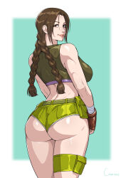 1girl 2023 absurdres ass blurry blurry_background border braid breasts brown_eyes brown_hair cirenk commentary commission english_commentary fingerless_gloves gloves highres julia_chang low_twin_braids mixed-language_commentary short_shorts shorts solo tekken twin_braids white_border 