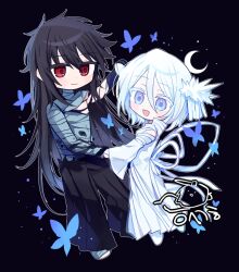  1boy 1girl bandaged_chest bandaged_torso black_hair black_pants bleach bug butterfly chibi chibi_only dress full_body g_ieep hair_between_eyes hakka_no_togame_(bankai) holding_hands insect kuchiki_rukia kurosaki_ichigo long_dress long_hair mugetsu_form_(bleach) official_alternate_costume pants red_eyes smile white_dress white_hair 