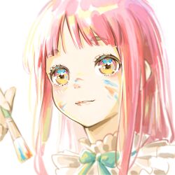  1girl absurdres aqua_bow aqua_bowtie blunt_bangs bow bowtie brown_eyes chinese_commentary closed_mouth collared_shirt commentary_request eyelashes fingernails frilled_shirt_collar frills happy highres holding holding_paintbrush infinity_nikki light_blush lipstick long_hair makeup nikki_(nikki) nikki_(series) paint_splatter paint_splatter_on_face paintbrush painting_(action) pink_hair pink_lips qianyimuthyimu shirt sidelocks simple_background smile solo sparkling_eyes straight_hair tareme upper_body white_background white_shirt 
