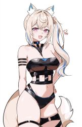  1girl animal_ear_fluff animal_ears bikini black_bikini blonde_hair blue_streaks breasts dog_ears dog_girl dog_tail fuwawa_abyssgard highres hololive hololive_english holonatsu_paradise large_breasts looking_at_viewer navel official_alternate_costume open_mouth pink_eyes side_ponytail simple_background solo swimsuit tail ttsyrene virtual_youtuber white_background 