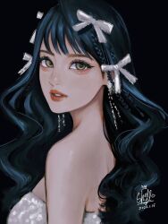  bow breasts ear_ornament eyelashes eyeshadow from_side hair_ornament highres makeup nose original red_eyeshadow sherumaru_(korcht06) small_breasts wavy_hair white_bow 