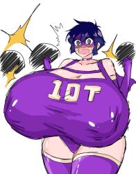  10-ton 1girl @_@ bare_shoulders black_eyes boku_no_hero_academia breasts cleavage collarbone cowboy_shot female_focus gigantic_breasts highres leotard looking_at_viewer momijizx open_mouth purple_hair purple_leotard shiny_clothes shiny_skin short_hair simple_background solo thick_thighs thighs w_arms wavy_mouth white_background 