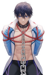  1boy abs bare_pectorals belt_collar black_collar blue_eyes blue_hair chain chinese_commentary collar collarbone collared_jacket commentary_request free! groin hair_between_eyes highres jacket kneeling long_sleeves looking_ahead male_focus male_swimwear nanase_haruka_(free!) o-ring parted_lips pectorals shibari shibari_over_clothes simple_background solo swimsuit teeth white_background wing_collar yakakaer 