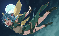 1girl :d animal_ear_fluff animal_ears black_boots black_gloves black_skirt black_sky boots bracelet cat_ears cat_tail clothing_cutout cloud cloudy_sky dress fairy_wings fingerless_gloves flying full_moon gloves green_dress highres jewelry long_sleeves miniskirt moon navel navel_cutout night night_sky open_mouth outstretched_arms shikei short_shorts shorts shoulder_cutout sinon sinon_(sao-alo) skirt sky smile solo spread_arms star_(sky) starry_sky sword_art_online tail thigh_strap thighs wings rating:Sensitive score:17 user:danbooru