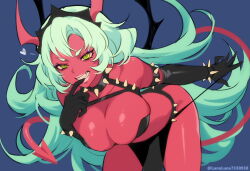 1girl blue_background collar colored_skin demon_girl demon_horns demon_tail detached_sleeves green_hair horns lunaluna7330938 panty_&amp;_stocking_with_garterbelt red_skin scanty_(psg) sharp_teeth solo spiked_collar spikes tail teeth