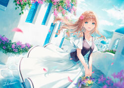  1girl :d aqua_eyes bare_shoulders basket bay bird black_vest blonde_hair blue_flower blue_sky bow breasts building cloud collarbone commentary_request day dress earrings falling_petals feet_out_of_frame floating_hair flower flower_basket french_commentary hair_flower hair_intakes hair_ornament hiten_(hitenkei) holding holding_basket house jewelry light_rays long_dress long_hair looking_at_viewer mixed-language_commentary ocean off-shoulder_dress off_shoulder open_mouth original outdoors petals pink_flower pink_petals plant purple_bow purple_flower road seagull short_sleeves sidelocks signature sky small_breasts smile solo standing stone_floor sunbeam sunlight town vest vines water white_dress wind window_shutter yellow_flower 
