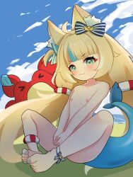  1girl animal_ears blonde_hair blush bow cat_ears day feet flat_chest fukai_(fukai0224) green_eyes hair_bow highres indie_virtual_youtuber loli long_hair multicolored_hair nipples nude original partially_undressed sameko_saba sitting sky smile solo solo_focus tail virtual_youtuber 