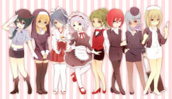 6+boys adapted_uniform afuro_terumi bad_id bad_pixiv_id belly blonde_hair blue_eyes blue_hair blush boots bow bowtie braid cardigan clipboard crossdressing crossdressing_(mtf) croupier dark-skinned_male dark_skin eyepatch fang flight_attendant formal_clothes fubuki_shirou full_body geta glasses gloves green_eyes green_hair grey_hair habit hair_over_one_eye hair_ribbon hat high_heels highres inazuma_eleven inazuma_eleven_(series) jacket japanese_clothes kazemaru_ichirouta kiyama_hiroto long_hair luggage maid maid_headdress male_focus meru96 midorikawa_ryuuji miko miniskirt mistorene_callus miyasaka_ryou multiple_boys navel needle nun nurse nurse_cap office_lady open_mouth pantyhose pencil_skirt police police_uniform policewoman ponytail purple_eyes red_eyes red_hair ribbon sakuma_jirou scarf shoes short_hair skirt skirt_suit smile suit syringe tabi tan tea thigh_boots thighhighs traditional_bowtie trap travel_attendant tray white_hair yume_(meru) rating:General score:25 user:danbooru