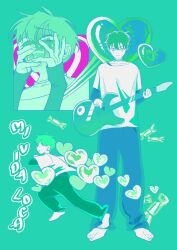  1boy alien_stage bakedmpotato barefoot candy food green_background guitar heart highres instrument limited_palette no_strings running shirt short_hair t-shirt till_(alien_stage) white_shirt 
