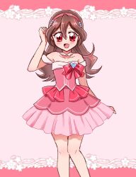  1girl :d bare_arms bare_legs blush brown_hair choker collarbone dress hair_between_eyes hairband hakuchuu highres kimi_to_idol_precure long_hair open_mouth pink_background pink_dress pink_hairband precure red_eyes sakura_uta_(precure) short_dress sketch smile solo standing strapless strapless_dress white_choker 