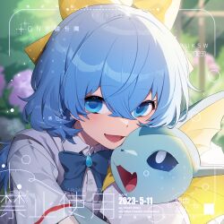  1girl 2023 :d animal animal_hug artist_name blue_bow blue_bowtie blue_eyes blue_hair blurry blurry_background bow bowtie collared_shirt crossed_bangs dated gen_1_pokemon hair_between_eyes hair_bow highres long_hair looking_at_viewer nintendo open_mouth original pabuk5w pokemon pokemon_(creature) portrait shirt short_sleeves smile vaporeon watermark web_address weibo_username white_shirt yellow_bow 