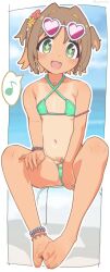  1girl anklet artist_name barefoot bikini blush border brown_hair collarbone colored_inner_hair commentary_request eyewear_on_head fang feet flat_chest flower foot_pussy full_body green_bikini green_eyes hair_flower hair_intakes hair_ornament highres jewelry knees_apart_feet_together legs loli looking_at_viewer medium_hair multicolored_hair musical_note navel oka_asahi one-piece_tan onii-chan_wa_oshimai! open_mouth outdoors outline purple-tinted_eyewear shadow sitting sl8-all solo spoken_musical_note sunglasses swimsuit symbol-shaped_pupils tan tanline thighs tinted_eyewear toenails toes twitter_username two_side_up white_border white_outline  rating:Sensitive score:147 user:danbooru
