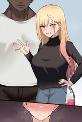  1girl 2boys absurdres alternate_costume black_pants black_sweater blonde_hair blue_pants chihel cowboy_shot dark-skinned_male dark_skin denim ear_piercing earrings gojou_wakana gradient_hair hetero highres interracial jewelry kitagawa_marin long_hair multicolored_hair multiple_boys netorare pants piercing pink_eyes pink_hair shirt sono_bisque_doll_wa_koi_wo_suru sweater white_shirt  rating:General score:66 user:danbooru