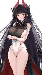  1girl absurdres alvitr_(azur_lane) azur_lane bare_arms bare_legs bare_shoulders black_hair blush breasts catnnn covered_navel crossed_arms highleg highleg_leotard highres horns large_breasts leotard long_hair looking_at_viewer red_eyes standing thighs turtleneck very_long_hair white_background wide_hips  rating:Sensitive score:18 user:danbooru