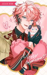  1boy :d absurdres ahoge akagi_wen bandaid bandaid_on_cheek bandaid_on_face black_gloves black_hair black_necktie blue_eyes character_name collared_shirt commentary_request cupcake epaulettes food frilled_pillow frills fruit gloves grid_background hair_between_eyes hand_up heart heart-shaped_pillow highres holding holding_food holding_pillow ikoma_koma jacket licking_lips long_sleeves looking_at_viewer male_focus multicolored_hair necktie nijisanji open_mouth parted_bangs pillow pink_hair red_jacket red_shirt sharp_teeth shirt short_hair smile solo sparkle strawberry streaked_hair teeth tongue tongue_out upper_body valentine virtual_youtuber white_background wing_collar 