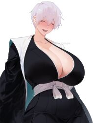  1girl ^_^ artist_name bleach breasts cleavage closed_eyes collarbone genderswap genderswap_(mtf) highres huge_breasts ichimaru_gin japanese_clothes kimono open_mouth sash short_hair simple_background solo teeth tongue white_background white_hair white_sash wide_sleeves ze_(k4onozeda04)  rating:Sensitive score:49 user:Blackkey