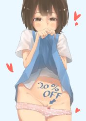  1girl afks_(afukose) arrow_(symbol) blue_dress blush_stickers body_writing bow brown_eyes brown_hair cleft_of_venus clitoris clothes_lift cowboy_shot dress dress_lift female_focus flashing heart highres lifting_own_clothes loli medium_hair original panties panty_pull pink_panties polka_dot polka_dot_panties public_indecency pussy shirt short_sleeves simple_background solo uncensored underwear white_shirt white_sleeves 