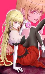  1girl 510_goto back bare_shoulders black_pantyhose black_ribbon blonde_hair breasts cleavage donut dress elbow_gloves fangs feather-trimmed_dress feather-trimmed_gloves feather_trim food gloves hair_ribbon high_heels highres holding holding_donut holding_food kiss-shot_acerola-orion_heart-under-blade kizumonogatari large_breasts leg_up long_hair looking_at_viewer monogatari_(series) oshino_shinobu pantyhose pointy_ears red_dress red_eyes ribbon smile solo strapless strapless_dress vampire very_long_hair white_gloves 