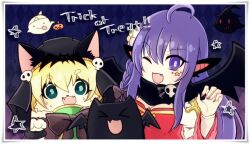  2girls :d ahoge animal_ears arch_bishop_(ragnarok_online) black_hat blonde_hair border bow bowtie braid breasts brown_bow brown_bowtie cat_ears cat_girl claw_pose cleavage cleavage_cutout clothing_cutout commentary_request cross deviruchi dress fangs furry furry_female ghost hat juliet_sleeves long_hair long_sleeves looking_at_viewer lude_(ragnarok_online) medium_breasts multiple_girls one_eye_closed open_mouth pochiko_(poteko) puffy_sleeves purple_eyes purple_hair quve_(ragnarok_online) ragnarok_online red_dress short_hair side_braid single_braid smile summoner_(ragnarok_online) trick_or_treat two-tone_dress upper_body white_border white_dress 