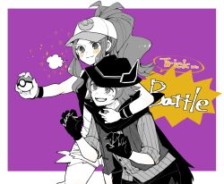  1boy 1girl atsumi_yoshioka baseball_cap blush exposed_pocket greyscale_with_colored_background hat hat_with_ears hilbert_(fall_2020)_(pokemon) hilbert_(pokemon) hilda_(pokemon) holding holding_poke_ball nintendo official_alternate_costume open_mouth poke_ball pokemon pokemon_bw pokemon_masters_ex purple_background smile 
