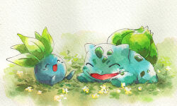  ^_^ bud bulbasaur closed_eyes commentary_request fangs flower full_body gamiko_chopin gen_1_pokemon grass lying nintendo no_humans nostrils oddish on_stomach open_mouth painting_(medium) pokemon pokemon_(creature) pokemon_focus sitting smile traditional_media watercolor_(medium) 