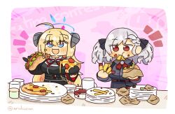  2girls ahoge akari_(blue_archive) black_gloves black_shirt blonde_hair blue_archive blue_eyes blue_halo braid breasts burger commission cross-shaped_pupils crossover detached_sleeves eating food food_in_mouth food_on_face food_wrapper french_fries girls&#039;_frontline gloves grey_hair hair_ribbon halo highres holding holding_burger holding_food holding_pizza horns hot_dog ketchup large_breasts lcron long_hair long_sleeves multiple_girls neck_ribbon open_mouth pizza pizza_slice plate red_eyes red_ribbon ribbon shirt skeb_commission sleeveless sleeveless_shirt spas-12_(girls&#039;_frontline) symbol-shaped_pupils trait_connection twintails twitter_username 