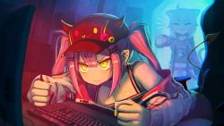 2girls ahoge animal_ears cat_ears cat_tail clenched_hands demon_tail ear_piercing green_eyes hat highres hololive horns computer_keyboard mozuya_(hisai) multiple_girls nekomata_okayu off-shoulder_jacket off_shoulder piercing pointing purple_hair tail tail_ornament tail_piercing tokoyami_towa twintails virtual_youtuber rating:Sensitive score:13 user:danbooru