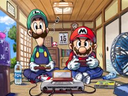  bedroom bottle box calendar cartridge clock controller door drink_bottle facial_hair famicom frustrated game_console game_controller hand_fan hat japanese_room luigi mario mario_&amp;_luigi:_brothership mario_&amp;_luigi_rpg mario_(series) mario_bros. mustache nintendo overalls playing playing_games relaxing shirt sitting snoutlet_(mario) socks striped_clothes striped_socks super_mushroom ya_mari_6363 