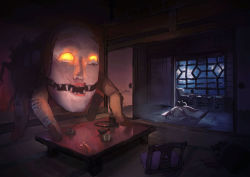  1girl chair closed_eyes closed_mouth creepy cup fangs female_focus fingernails futon glowing glowing_eyes horror_(theme) indoors lying mask monster night night_sky noh_mask on_side open_mouth original pillow rias-coast sky sleeping solo table tatami tray under_covers white_hair window yunomi  rating:Sensitive score:8 user:danbooru