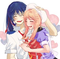  1boy 1girl black_undershirt blonde_hair blue_hair blush bow bowtie closed_eyes collared_shirt commentary_request couple drill_hair hand_on_another&#039;s_head happy hat heart heart_background high_ponytail long_hair macross macross_frontier necktie official_alternate_costume open_mouth ponytail purple_shirt red_bow red_bowtie red_necktie saotome_alto sechi_(stst1850) sheryl_nome shirt short_sleeves sidelocks smile thick_eyebrows upper_body white_hat white_shirt 
