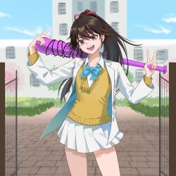  1girl :d alternate_costume alternate_hairstyle bambietta_basterbine baseball_bat black_eyes black_hair bleach bleach:_sennen_kessen-hen blue_bow blue_bowtie bow bowtie collared_shirt commentary cowboy_shot day deadman70232800 delinquent eyelashes eyes_visible_through_hair gate hair_between_eyes hair_ribbon hands_up happy head_tilt highres holding holding_baseball_bat jacket long_hair long_sleeves looking_at_viewer miniskirt open_clothes open_jacket open_mouth outdoors pleated_skirt ponytail red_ribbon ribbon school school_uniform shirt skirt smile solo sweater teeth v v-shaped_eyebrows w_arms white_jacket white_shirt white_skirt wide_sleeves yellow_sweater 