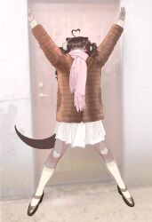 1girl animal_ears bow brown_hair cold door furry furry_female fursona happy highres lovelettechan original otter otter_ears otter_tail pastel_(medium) pastel_colors pink_bow pink_theme scarf short_twintails skirt stretching tail traditional_media twintails 