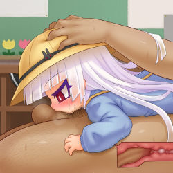  1boy 1girl 69 age_difference alexi_(tits!) blush character_request clothed_female_nude_male cum cum_in_throat cut-in deepthroat fellatio full-face_blush girl_on_top hands_on_another&#039;s_head hat heavy_breathing hetero irrumatio kindergarten kindergarten_uniform light_purple_hair loli long_hair nude oral penis red_eyes school_hat stray_pubic_hair testicles testicles_on_face uncensored  rating:Explicit score:273 user:danbooru