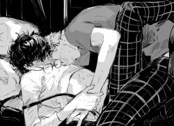 2boys amamiya_ren blush glasses greyscale hair_between_eyes highres long_sleeves lying male_focus monochrome multiple_boys off_shoulder on_back pants persona persona_5 plaid_clothes plaid_pants sakamoto_ryuuji sawa2 school_uniform shirt short_sleeves shuujin_academy_school_uniform suspenders sweat t-shirt unworn_eyewear yaoi rating:Questionable score:26 user:danbooru
